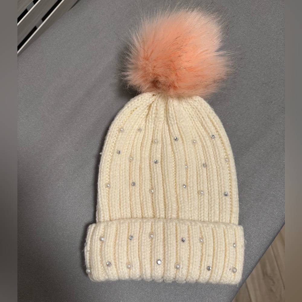 Cream and Pink Beanie with Pearl Details